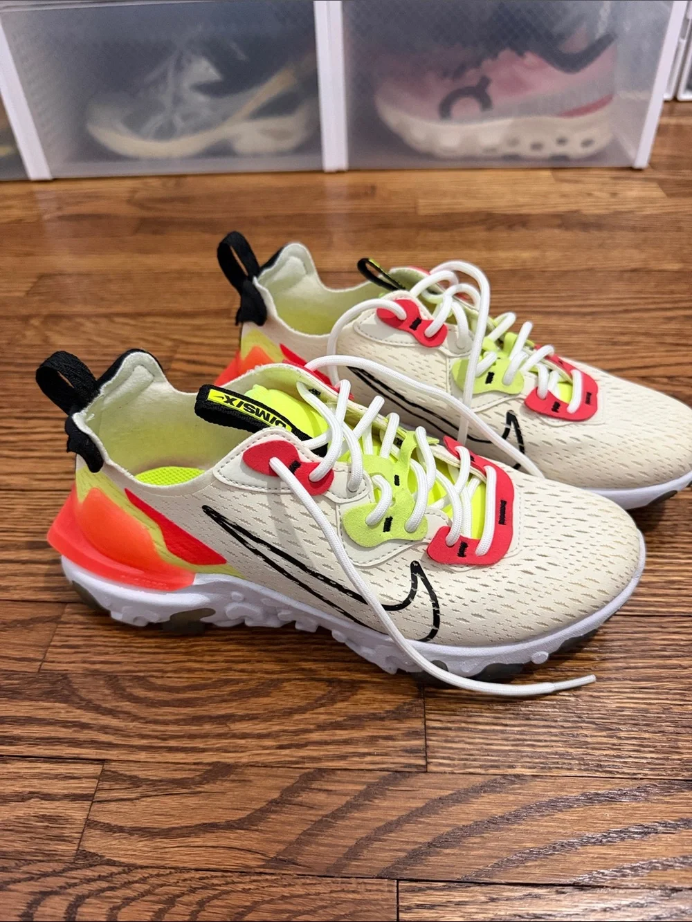 Nike Kids Sneakers in Cream with Neon Yellow & Bright Coral Accents